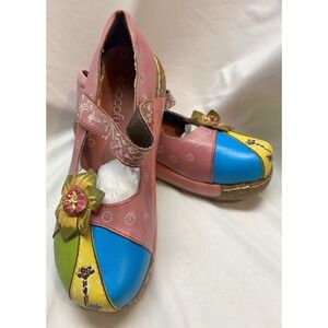 Socofy Leather Sz 8 Mary Jane Shoe Flower Boho Blue Yellow Green Platform